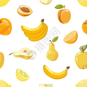 黄色哈密瓜黄色水果无缝模式白色背景香蕉梨和橙色矢量图插画