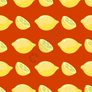柠檬叶红色背景柠檬无缝模式插图设计图片
