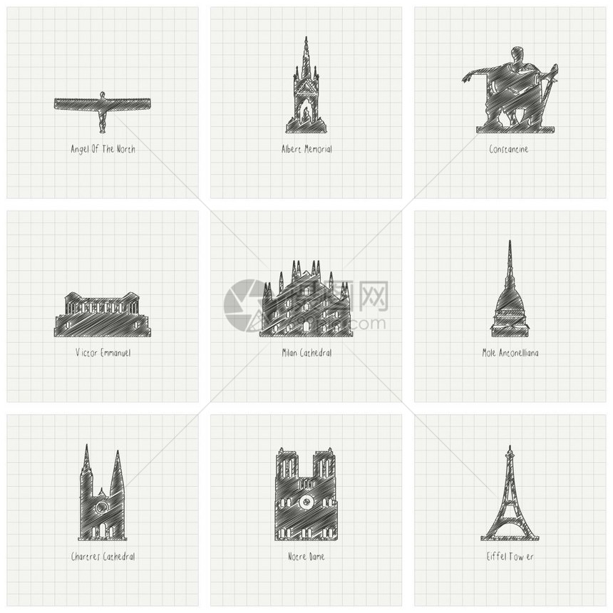 世界著名建筑设计矢量插图图片