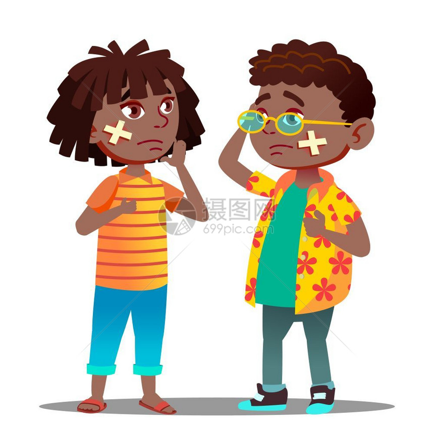 悲伤的黑人美国女孩悲伤的黑人男孩脸上伤口卡通插图图片