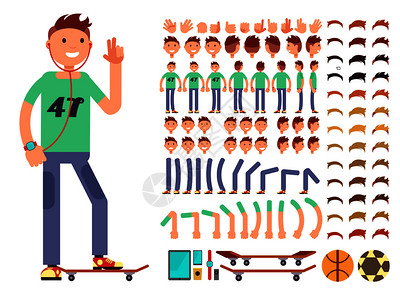 玩滑板男性戴耳机玩滑板的少年矢量动画元素合集插画