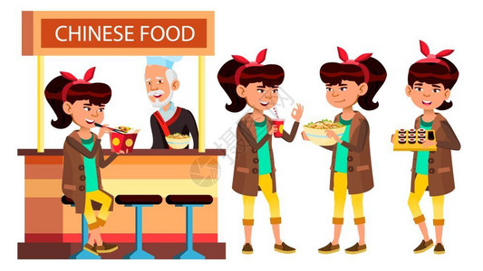 中国青少年餐厅外卖食品卡通插图插画