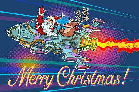 科学怪人圣诞节流行艺术坐火箭的圣诞老人和驯鹿插画