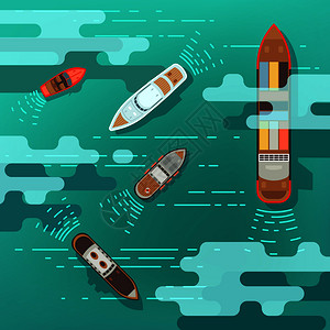 摩托艇船舶和海上旅行游艇矢量背景插画