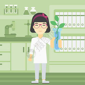 女科学家在实验室用试管培育植物卡通插画图片