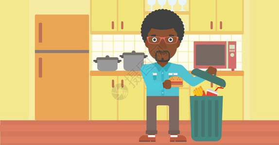 食品黑色背景厨房里把垃圾食品放进垃圾桶的非裔男子插画