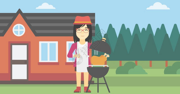 在房子旁做饭烧烤的女性背景图片