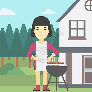 烧烤架上做烤肉的女人背景图片
