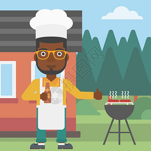 厨师拿笼屉拿啤酒烧烤架上做烤肉的非裔男人插画