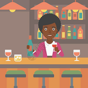 黑人女酒保在酒吧里调酒矢量卡通插画图片