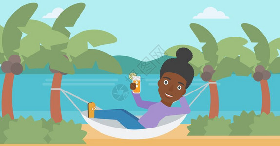 非洲海滩在海滩的吊床里休息的女人设计图片
