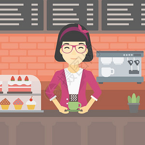 一位年青女站在柜台上喝咖啡背景图片