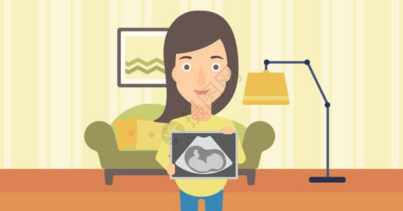 孕妇看平板电脑在卧室手持超声波图像的孕妇插画