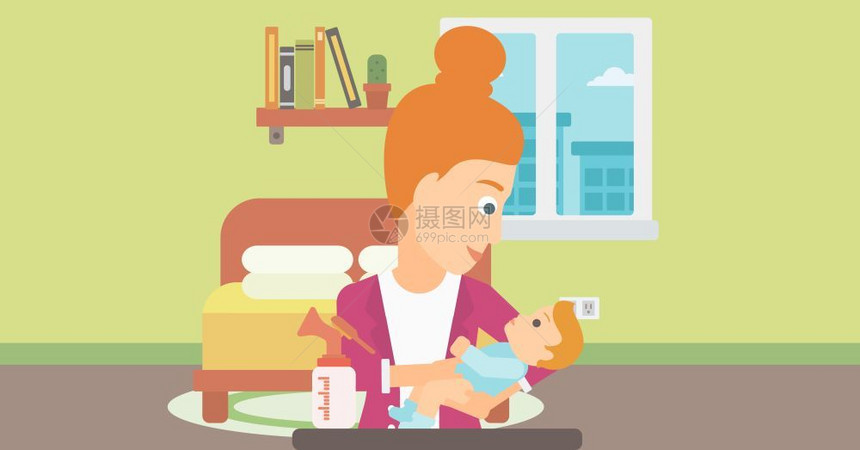 女人在卧室内抱着小婴儿矢量卡通插画图片