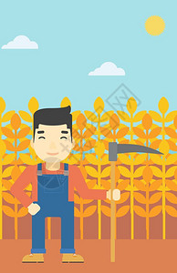 一名手持镰刀站在小麦田里的农民图片