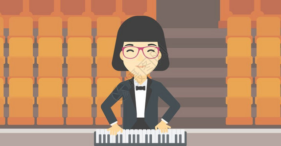 键盘布局一位弹钢琴的女音乐家插画