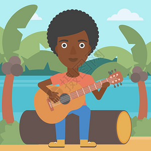 非洲海滩弹吉他的非裔女子插画