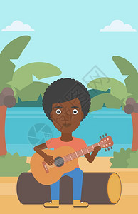 非洲海滩弹吉他的非裔女子矢量插画插画
