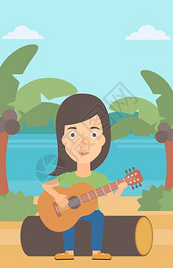 热带海滩弹吉他的女人矢量图图片