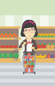 超市布局一位在超市手持购物清单的女顾客插画