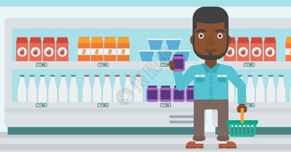 黑色产品一名在超市购买果汁的非裔男子插画