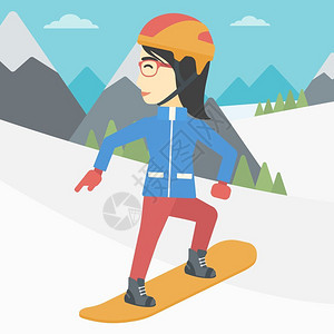 女运动员在雪山滑雪卡通矢量插画图片
