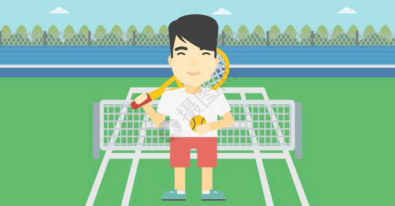 站在网球场上的一个亚洲网球运动员男网球运动员在矢量插图图片