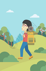 在山上徒步的女性背包客矢量图图片
