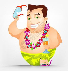 卡通人物喜悦的胖子男人在海滩上矢量图插图背景图片