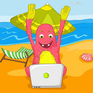 卡通可爱粉红色怪兽玩电脑矢量插图图片