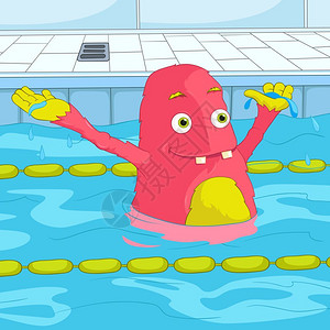 卡通可爱粉红色怪兽游泳池游泳矢量插图图片