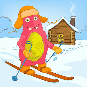 卡通人物滑稽怪兽滑雪矢量插画图片