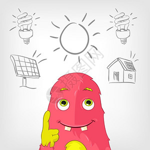 粉色卡通怪兽和手绘太阳能图标图片