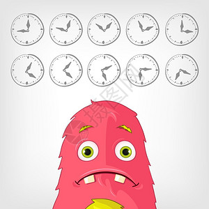 粉色时钟粉色卡通怪兽和手绘钟表插画