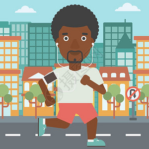 音乐健身跑步时听歌的非裔男子插画