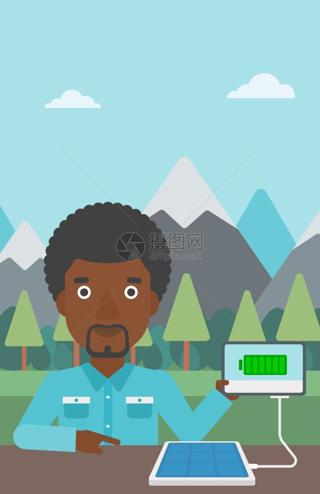 用太阳能电池板充电的非裔男子矢量图图片