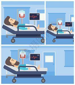 躺在医院病房的床上人有心脏监测器和医疗室输血设备平板设计图背景图片