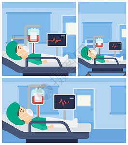 躺在医院病房的床上人有心脏监测器和医疗室输血设备平板设计图背景图片