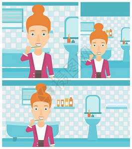 女子浴室刷牙年轻女子在浴室用牙刷刷牙插画