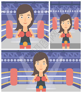 职业女拳击手站在场上矢量平板设计图图片