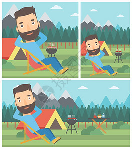 享受慢时光坐在营地的折叠椅上男人在帐篷附近享受时光设计图片
