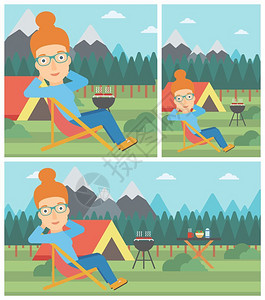 女青年坐在营地的折叠椅上图片