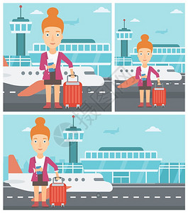 在机场持有护照携带手提箱的青年妇女和机场图片