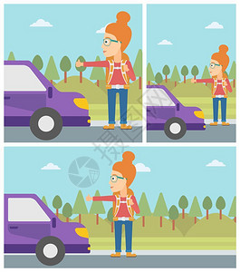 女子汽车在路边搭便车的年轻女子插画