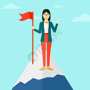 红色旗帜在山顶举着旗子的亚洲女人插画