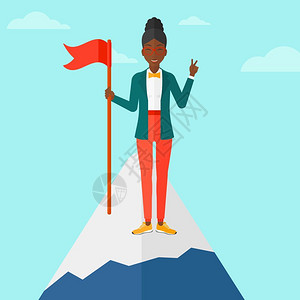 山顶旗帜在山顶举着旗子的非洲女人插画