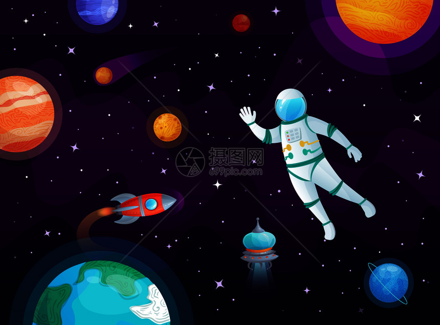 宇航员在宇宙遨游的卡通矢量图图片