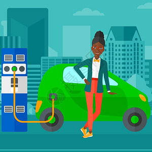 一名美国女孩用充电收费柱给汽车充电图片