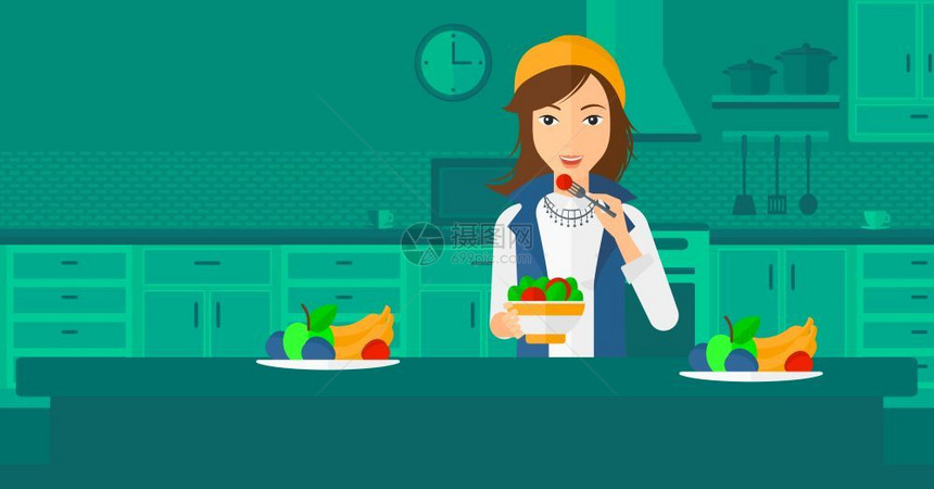 一个微笑的女人站在厨房里吃着沙拉矢量的平板设计图水布局女人吃着沙拉图片