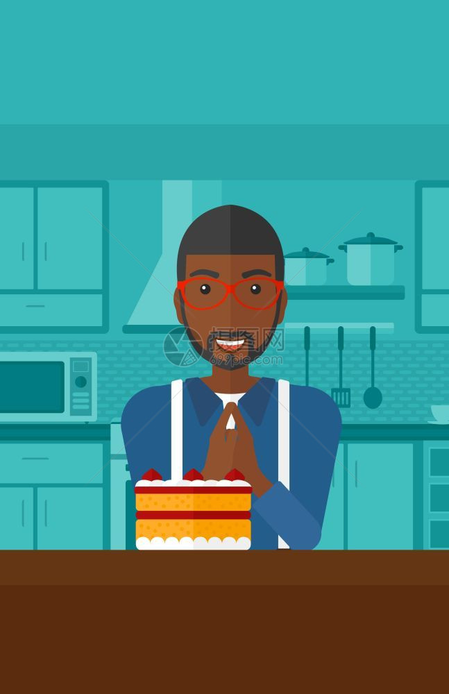 一个站在厨房蛋糕前许愿的非裔男子图片